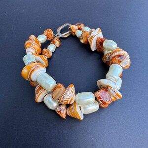 Boho Fall Fashion Bracelet Faux Pearls and Shells 2 Strands Toggle Clasp